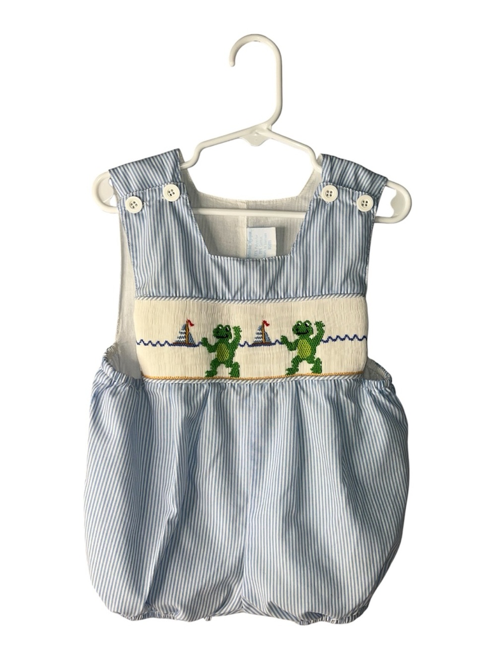 Blue Striped Smocked Frog Bubble Romper Youth Boys Sailboat 18 months Short alls